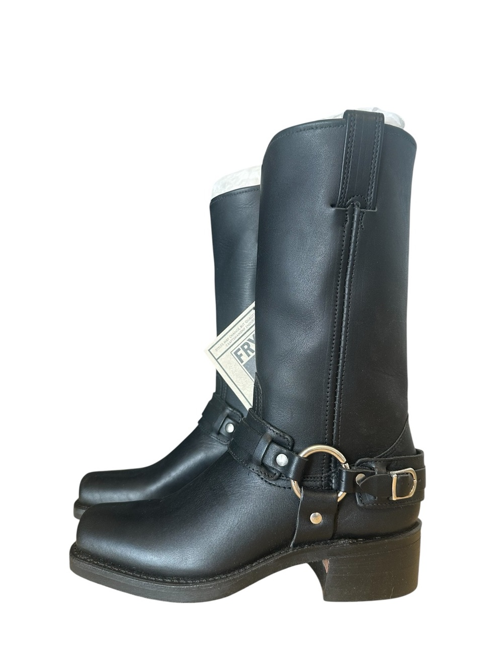 Frye Black Leather Vintage Square Toe Harness Boots 7